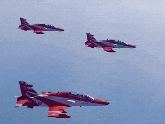 Indian Air Force Hawk jets flying in formation